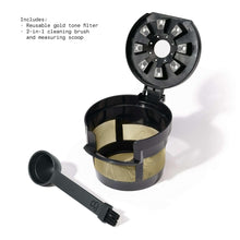 Reusable gold-tone filter basket and cleaning tool accessory for single-serve coffee maker