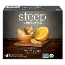 Lemon ginger herbal tea box front with lemon and ginger graphic and 60-count
