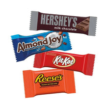 Assorted chocolate candy bars: Hershey's, Reese's, KitKat, AlmondJoy in wrappers
