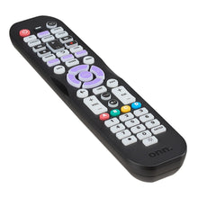 onn. universal remote, black, angled front view with colorful shortcut keys
