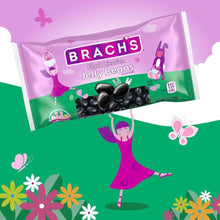 Purple Brach's jelly beans pouch labeled black licorice with dark beans