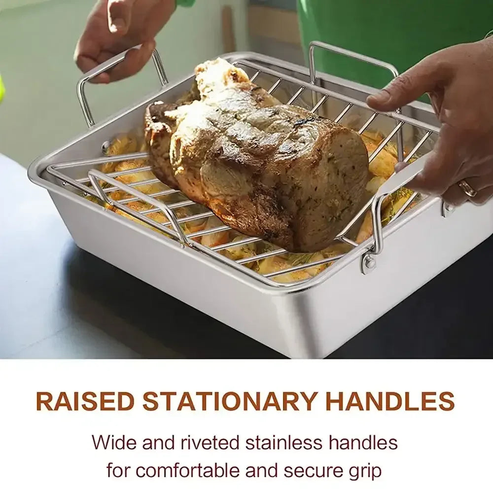 VeSteel 16'' x 11.5'' Roasting Pan with Rack, Stainless Steel Turkey Roaster Include Deep Lasagna Pan & V-Shaped Rack & Roasting Rack, Heavy Duty & Dishwasher Safe - USA MEGA SHOP