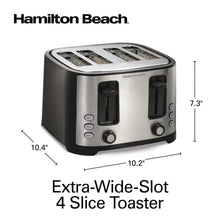 Hamilton Beach 4-slice extra-wide-slot toaster with side-view dimensions shown
