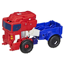 Optimus Prime action figure in red-and-blue truck mode with black tires
