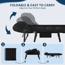 Foldable camping cot with padded cushion, shown in angled folding position, black fabric