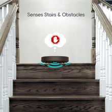 Black robot vacuum cleaner positioned at the bottom of stairs with motion sensor icon