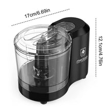 Black electric food chopper with clear processing bowl and top lid, PANCERKA BRL-7003