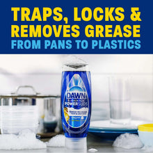 Blue dish soap bottle with Dawn Platinum Plus PowerSuds label, EZ-squeeze container