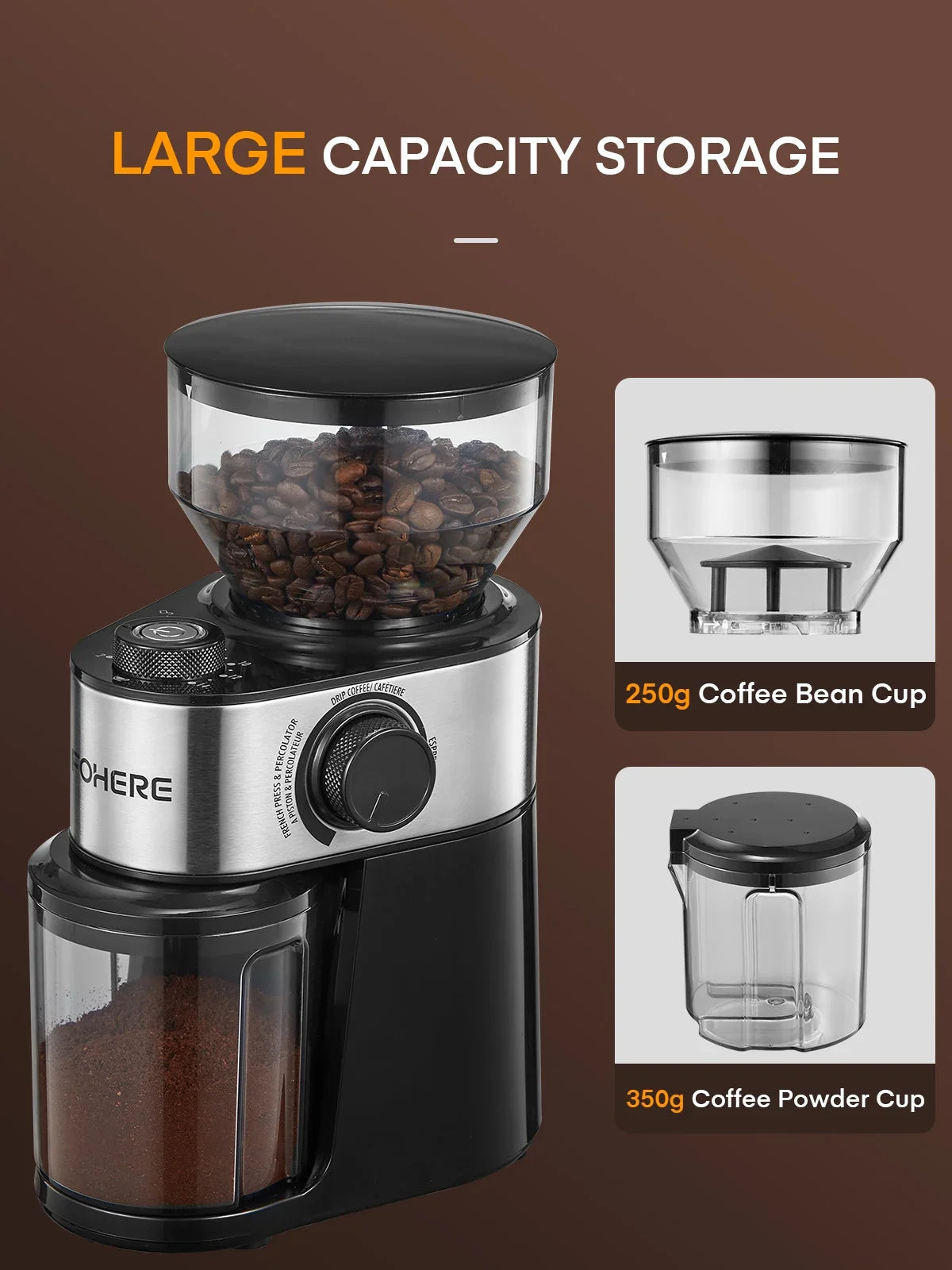 Electric Burr Coffee Grinder FOHERE, 200W Upgrade, 18 Precise Grind Settings, 2-14 Cup Adjustable, Only for Grind Coffee, Black