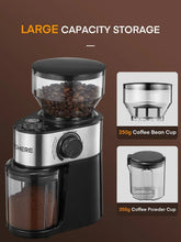 Electric coffee grinder with bean hopper and storage cup compartments