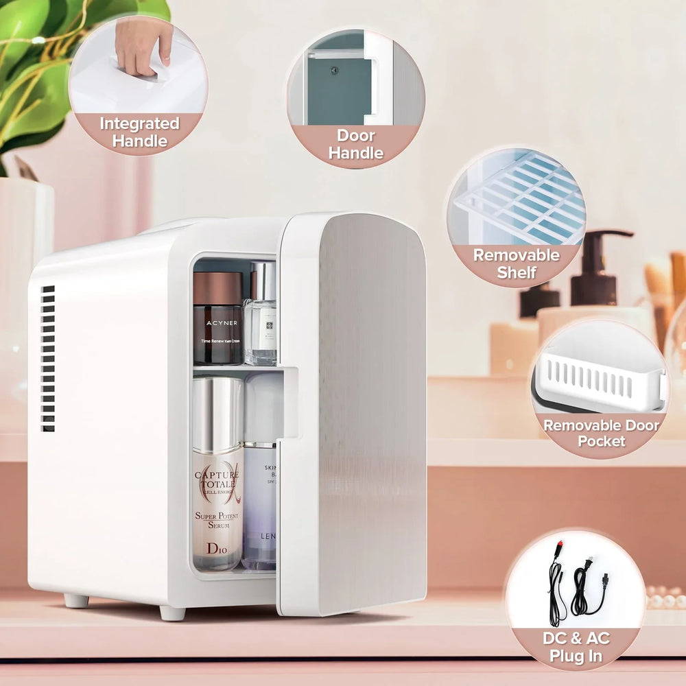 Auseo Mini Portable Fridge Personal, Countertop, 4L/6 Cans, Cooler Small Refrigerator, Front Door Stainless Steel, AC/DC, Option for Skincare, Makeup, Drinks, Dorm Room, White - USA MEGA SHOP