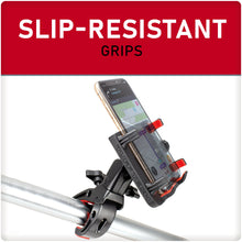 Handlebar phone holder securing a phone on a bar with red grip pads