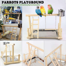 Wooden bird playground with ladder, hanging chains, metal feeder cups, and colorful parrots