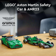 Two assembled green LEGO race cars, one with front wing and exposed engine detail