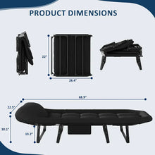 Folded and unfolded folding camping cot diagram, black padded cushion and steel legs