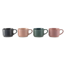 4 stoneware mugs in black, blush, sage green, and rose pink reactive glaze