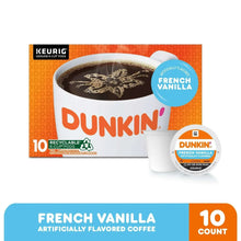 Dunkin French Vanilla K-Cup pod box with cup and single pod, 10 count.