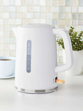 White electric kettle with handle and spout, blue water-level indicator