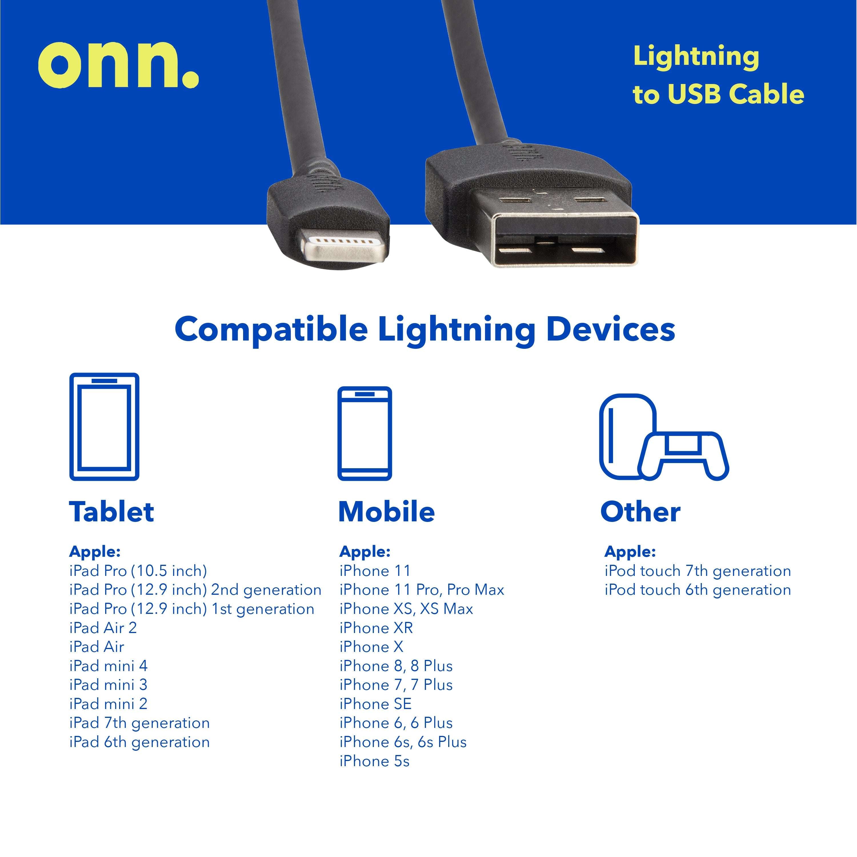 onn. Dual-Port Car Charging Kit with Lightning to USB Cable, White