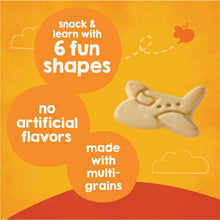 Happy Tot multi-grain cookie shaped like an airplane; package highlights six fun shapes.