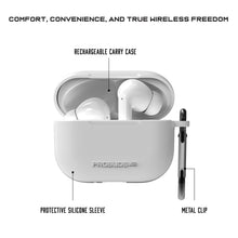 White charging case with earbuds, protective silicone sleeve, and metal clip detail