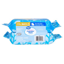 Flushable wipes multipack with 84 total wipes, blue-and-white resealable package