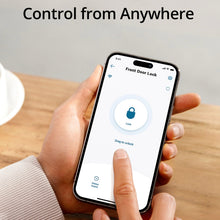 Smart door lock app control on a smartphone with lock icon and unlock button