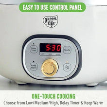 Cream slow cooker front control panel with red digital display and gold knob