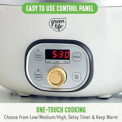 GreenLife 6 Quart Non Stick Family Meal Slow Cooker with Removable Pot, Cream