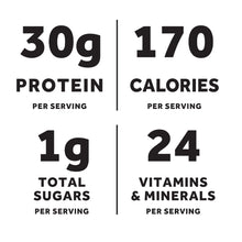 Nutrition label: 30g protein, 170 calories, 1g sugars, 24 vitamins & minerals