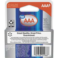 Great Value Alkaline AAA Batteries, 8 Count (Plastic Free Packaging)