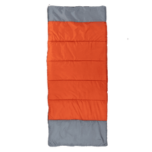 Lightweight adult sleeping bag in orange and gray, quilted baffles, rectangular shape