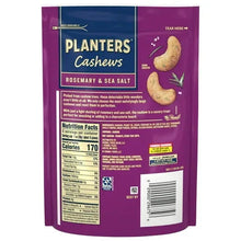 PLANTERS cashews rosemary & sea salt bag, side panel with nutrition facts