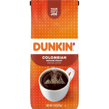 Dunkin' Colombian medium roast ground coffee bag with cup illustration