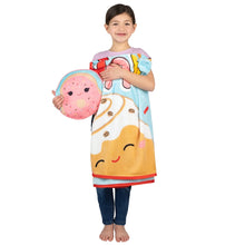 Character pillow and throw set for kids, blue food print blanket and pink donut pillow