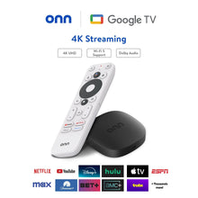 onn 4K Google TV streaming device with black box and white voice remote