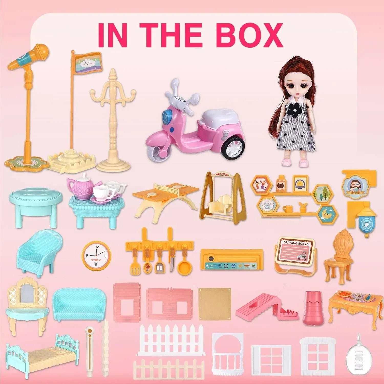 Hengswere 19Inch Dollhouse for Girls, 3 Rooms Princess Dollhouses with Furniture & Accessories and Doll Toy, Premium ABS Plastic, Pink