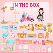 Princess dollhouse accessories laid out, with doll and small furniture pieces