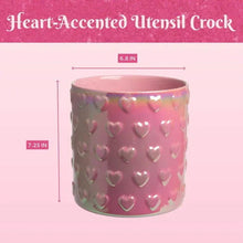 Pink iridescent heart-embossed ceramic utensil crock, round open container