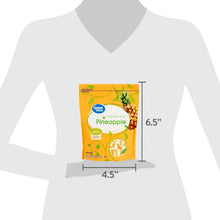 Sweetened dried pineapple pouch size chart: 4.5 in wide, 6.5 in tall