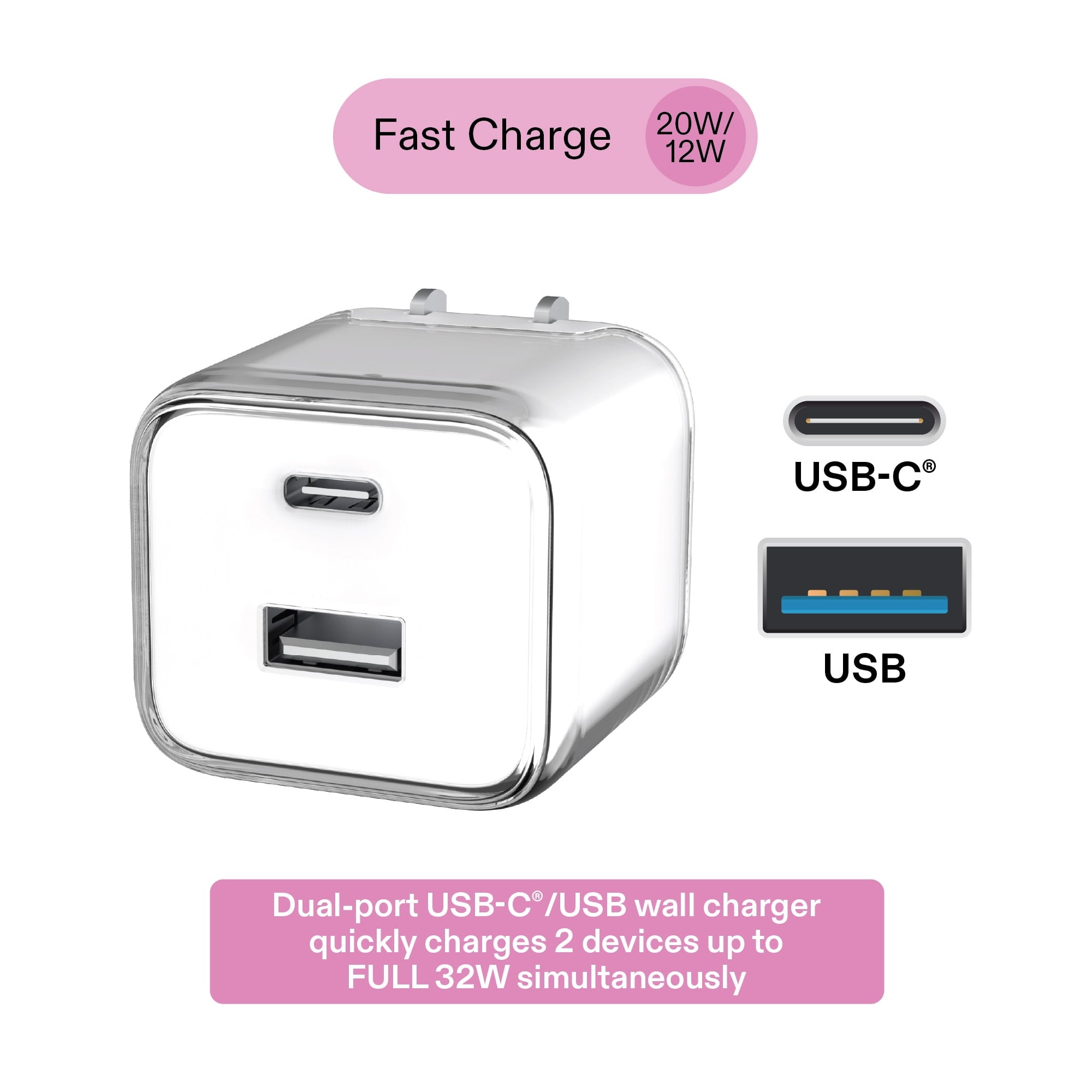 onn 32W Dual-Port USB-C & USB-A Wall Charger, Fast Charging, USB-IF Certified, Foldable Plug, Purple – Compatible with iPhone, iPad, AirPods, Samsung Galaxy, Note, Pixel & More