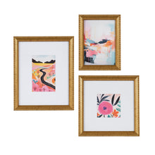 Gold beaded tabletop picture frame set, angled arrangement with colorful prints