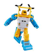 Yellow, blue, and white robot action figure standing with outstretched arms and gear