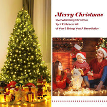 Pre-lit artificial Christmas tree with warm yellow LED lights and hinged metal stand