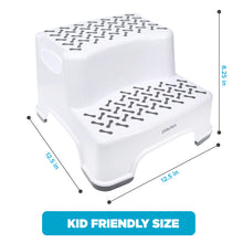 White two-step kids step stool with gray grip-textured steps and side cutouts