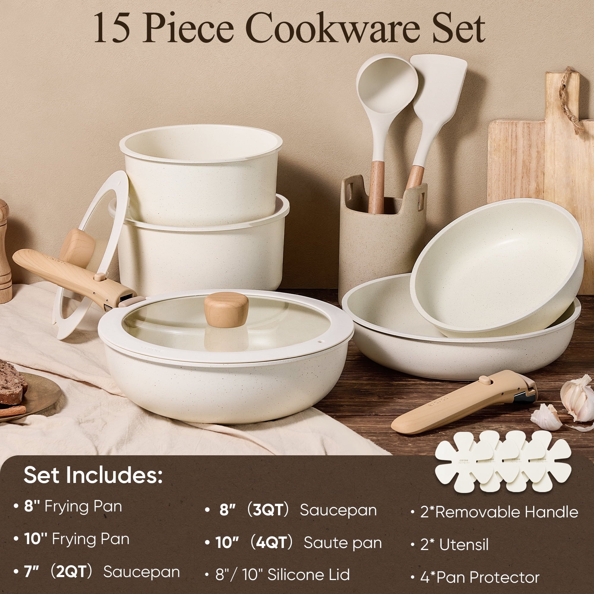 Carote 15 Pcs Nonstick Cookware Sets, Granite Non Stick Pots and Pans with Removable Handles, Oven Safe, Induction Compatible, Black