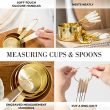 Measuring cups and spoons with white silicone tips and gold rings