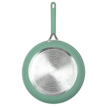 Green ceramic nonstick fry pan underside with speckled texture