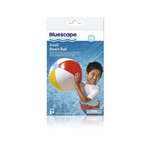 Packaged small inflatable beach ball with red, white, yellow, and blue panels