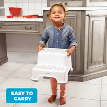 White two-step kids step stool with gray non-slip tread and sturdy stance